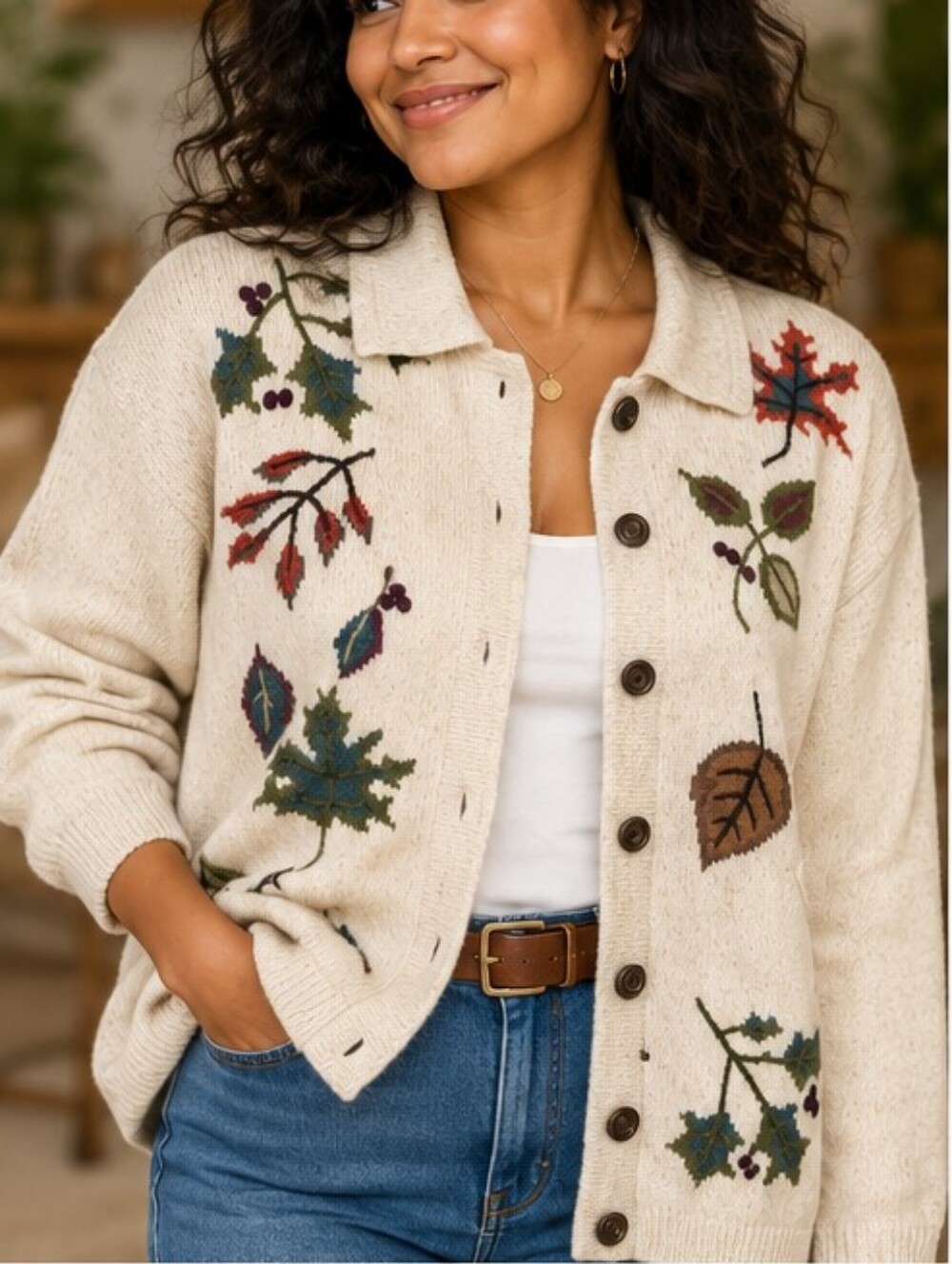 Embroidered Botanical Ramie Cotton Cardigan Medium Fall Cottagecore